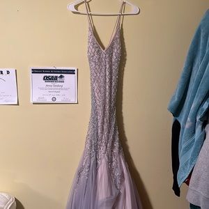 Champagne mermaid pearl and sequin Xscape prom dress